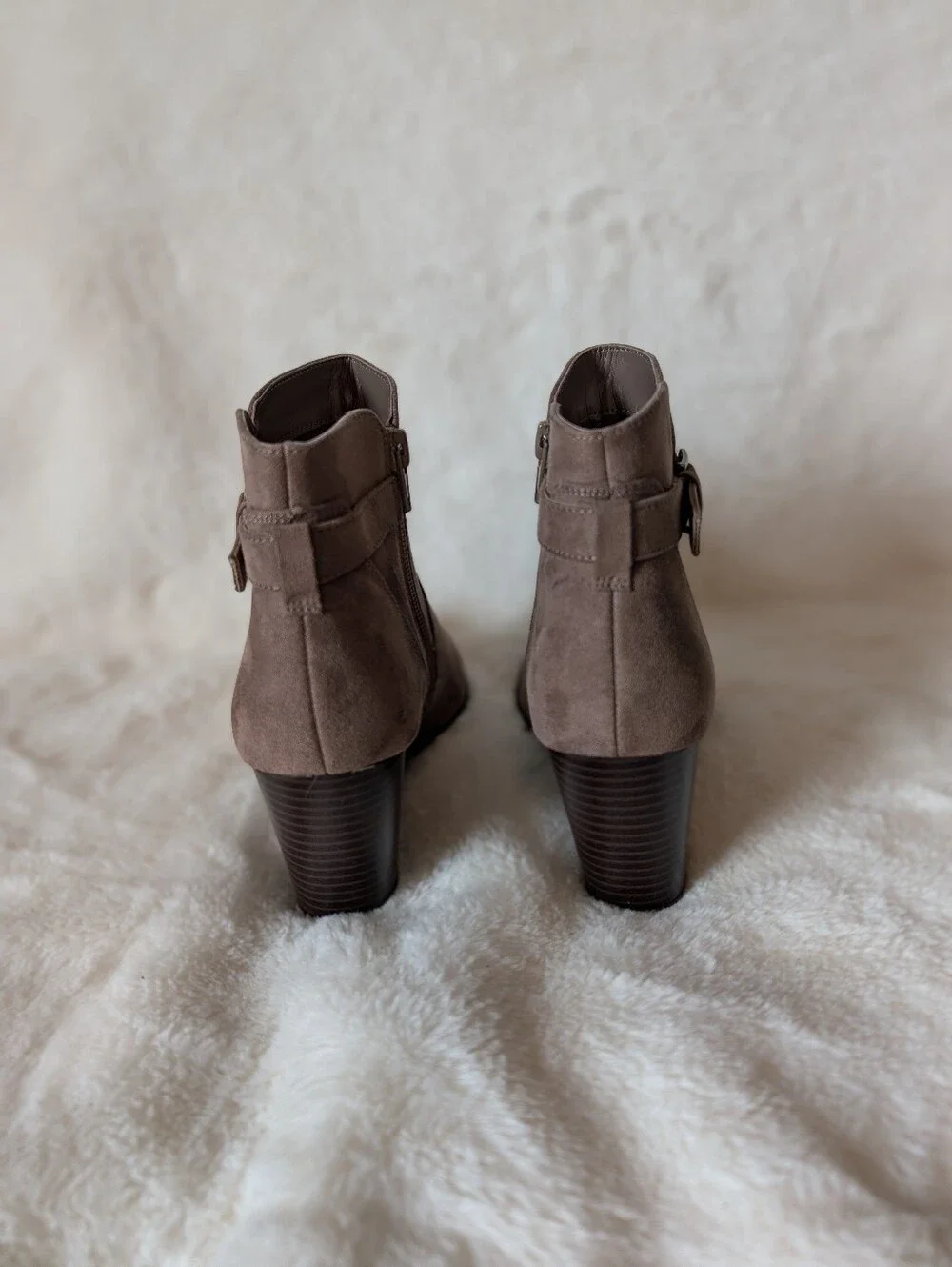 Market & Spruce Taupe Suede Wedge Ankle Booties with Buckle Detail